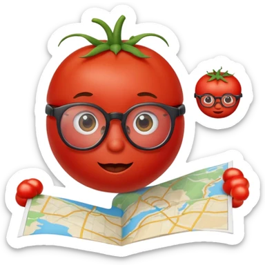 cute tomato wearing glasses, looking at a map sticker