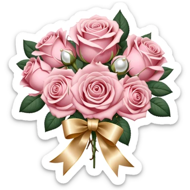 Elegant Victorian-style bouquet of dusty pink roses with pearl accents and a gold-trimmed ribbon sticker