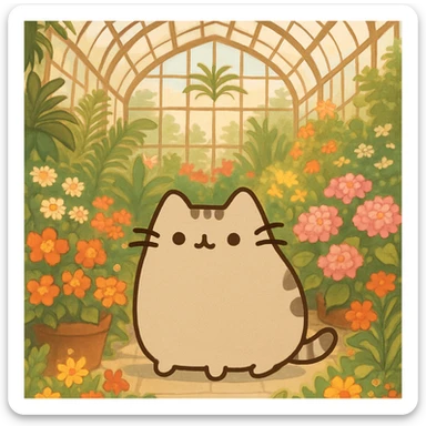 beige pusheen kitten in a botanical garden greenhouse filled with flowers sticker