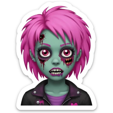 girl, zombie, pink coily hair, medium long, emo, shaggy, dark, spooky, piercing on eyebrow, colourful teeth, creepy blank expression sticker