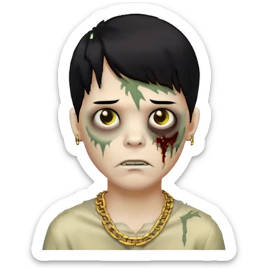 zombie boy, black hair with bangs, and a gold chain sticker
