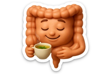 emoji stile iphone 3d di intestino umano sereno che si tocca la pancia mentre sorseggia un thè alle erbe, iperrealistico 4k sticker