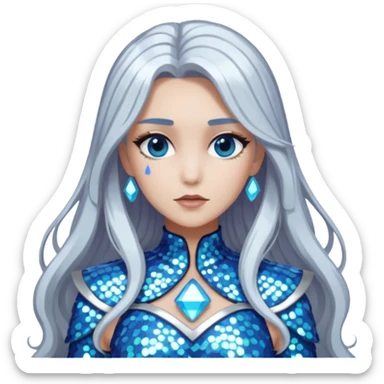 Athena from Lore Olympus with long silver hair, silver sequin outfit sticker
