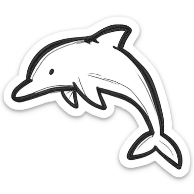 black dolphin, stylized, cartoonish, hand drawn style, playful, minimal detail sticker