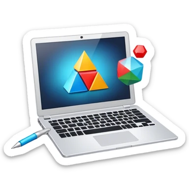 Professional icon for Graphic Design: a laptop with Photoshop open on the screen, displaying geometric shapes like spheres, cubes, and pyramids, along with a stylus. The icon should reflect the creative process in graphic design. Transparent background. sticker