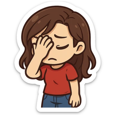 chibi emote of a woman in a red t-shirt and jeans, facepalming, no headband, no sparkles, no wand, transparent background sticker