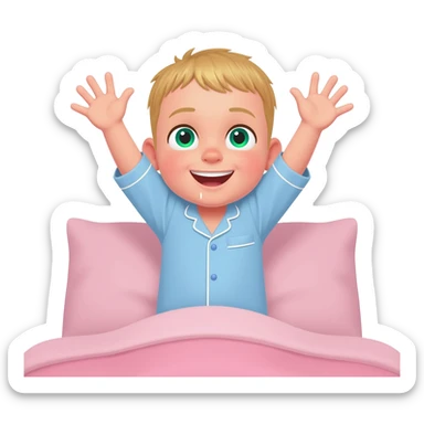 Use the same 3 year old blonde boy with green-blueish eyes, it should be the same boy as before  happy with plain blue pajamas raising both arms up, on the bed sticker