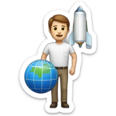 Tall white man with brown hair carrying a small cube satellite sticker