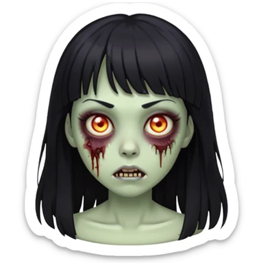 zombie girl emoji with black hair, bangs, long hair, and glowing eyes sticker