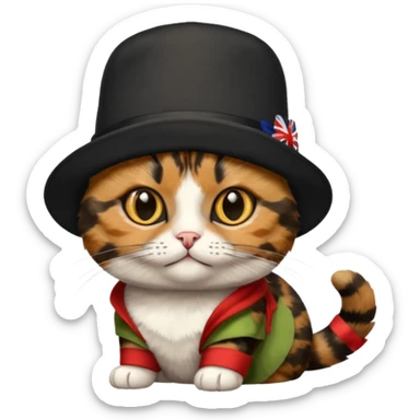 tortoiseshell cat with a british hat. mostly black and brown sticker