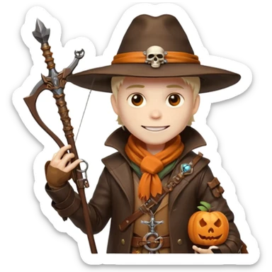 male human monster hunter emoji, wearing brown leather coat and wide hat, holding crossbow, with amulet shaped like skull, Halloween fantasy theme, confident smile, orange scarf, Apple emoji style, clean white background, square image sticker