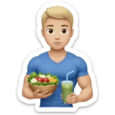 A young male person with a muscular, well-defined build. He has short dark blonde hair, a medium light skin tone, and a neutral facial expression. He wears blue cloth. He is holding a salad in one hand and a protein shake in the other. sticker