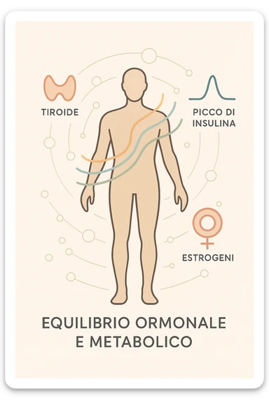 Il corpo è circondato da simboli delicati e bilanciati che rappresentano equilibrio ormonale e metabolico: piccoli cerchi, flussi energetici colorati, simboli stilizzati di tiroide, picco insulina, estrogeni. 4k immagine in italiano sticker