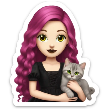 Pretty portrait of White girl. The Girl has Long Magenta Hair. Soft gothic make up and gothic dress. Holding her Cat. The cat is golden british longhair kitten with Green Eyes. sticker
