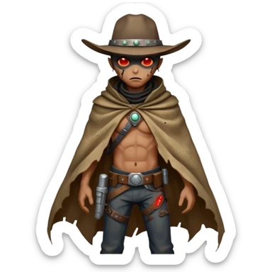 A rugged alien outlaw cowboy with scars and glowing red eyes, torn futuristic poncho, standing in a deserted alien town, dust blowing through empty streets, moody shadows, gritty sci-fi western realism
 sticker