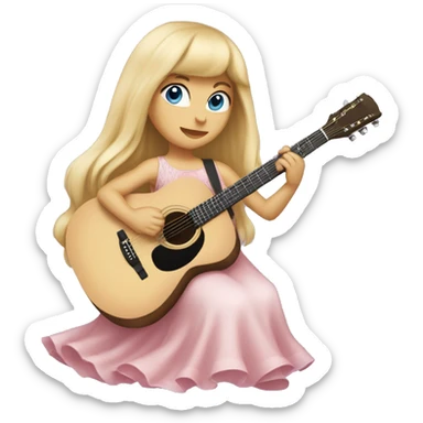 Girl with long blonde hair and bangs, blue eyes, wearing a baby pink long dress, playing acoustic guitar  sticker