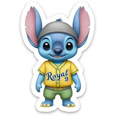 Stitch with a yellow and green baseball tenue and the name royal greys sticker