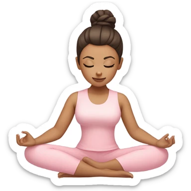 eyes closed emoji white girl brunette with a high bun girl in lotus pose wearing a pastel pink yoga set  sticker