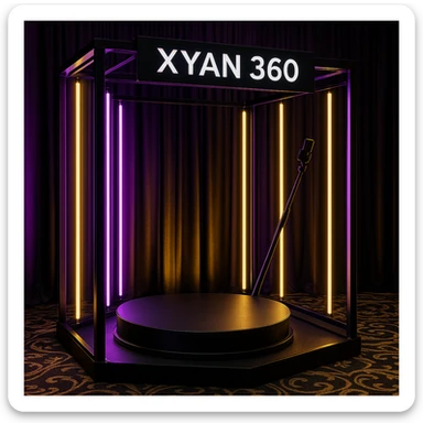 A 360 spin booth with vibrant LED lights in purple, gold, and black, with 'Xyan 360' signage, luxury event style, elegant and modern sticker
