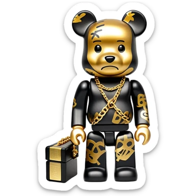 hustler bearbrick toy figure with graffiti print, X symbols instead of eyes, gold chain and money sticker