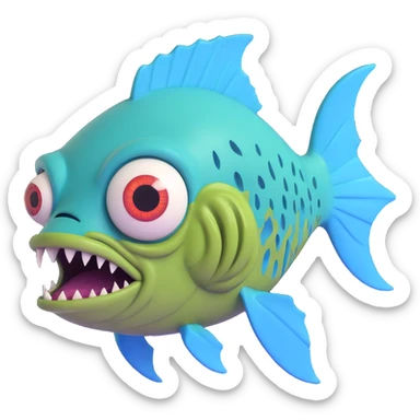 zombie fish, bulging eye, torn fins, green and blue colors sticker