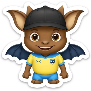 Cheeky little bat mascot for FC Rostov football club, wearing black goalkeeper cap like Lev Yashin, in yellow and blue team colors, mischievous expression, cute bat with big smile sticker