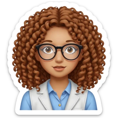 make a really curly hair, teen girl with glasses and little acne that looks like freckles longer like more than shoulder lengthcurly hair, and pretty withe makeup on giving clean girl vibes, and make her have tan skin more blush and really pretty, and the har is really really long

 sticker