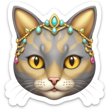 gray cat with gold jewerly on head, half body sticker