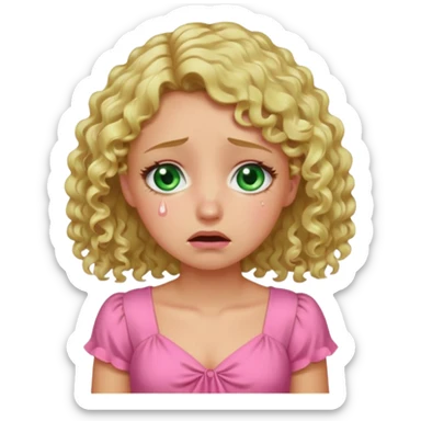 the girl is that criying she has green eyes and blond hair curly pink dress, sticker