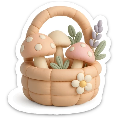 basket full of forest goodies including mushrooms, herbs, flowers in soft pastel colors, cushion style sticker
