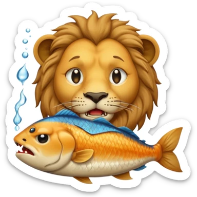  A lion eating a fish, feeling sad, cry, portrait, bust up sticker