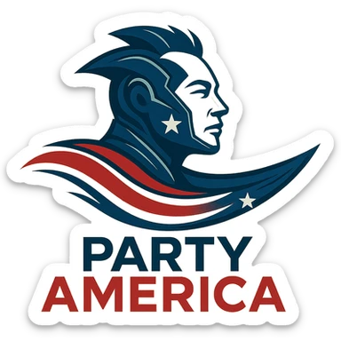 logo for a new US political party called 'Party America' featuring a stylized creature inspired by Elon Musk, with the party name 'Party America' clearly printed on the logo, blending futuristic and patriotic elements, using red, white, and blue colors sticker