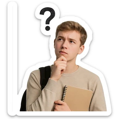 realistic style student thinking about a question, with question mark above head, thoughtful pose sticker