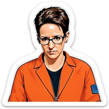 Rachel maddow in handcuffs  behind her back with an orange jumpsuit up close looking worried sticker