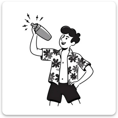 human male Unbuttoned Hawaiian shirt, swim trunks, shaking a cocktail shaker (sparks flying) sticker