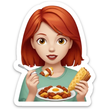 white girl with red hair eating food sticker
