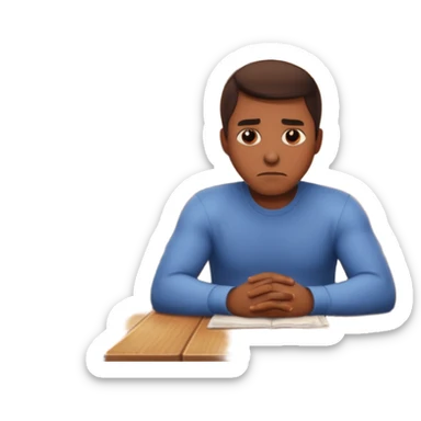 a man sits sadly at a table, a house is burning behind him, apple style emoji, more focus on the man's expression sticker