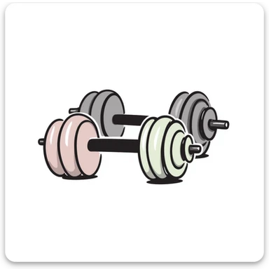 Adjustable dumbbells with weight plates in pastel colors (dd9fb0, ffc6d3, a3bfc9, c4bee2, f1b091), hand-drawn doodle style sticker