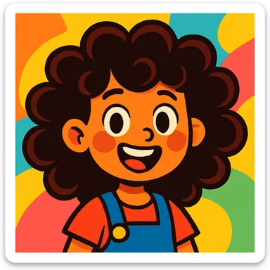 curly hair girl, vibrant cartoon style, cheerful expression sticker