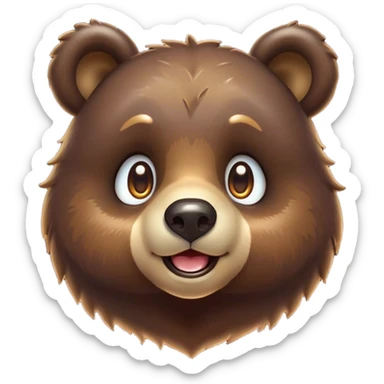 Cinematic Cute Bear Portrait Emoji, Head tilted playfully and inquisitively, featuring a glossy dark brown fur with a natural sheen and round, sparkling eyes filled with gentle curiosity, Simplified yet irresistibly adorable features, highly detailed, glowing with a warm, friendly glow, high shine, affectionate and mighty, stylized with a touch of woodland whimsy, bright and endearing, soft glowing outline, capturing the essence of a mischievous yet loving bear, so playful it feels like it could amble out of the screen and into your arms! sticker