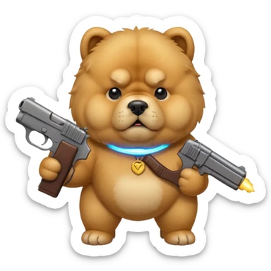 Funny cartoon-style chow chow dog with light fur standing on its hind legs and holding a gun menacingly sticker