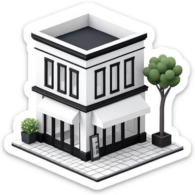 Isometric exterior little black and white bookstore, modern dollhouse style 3D realistic  sticker