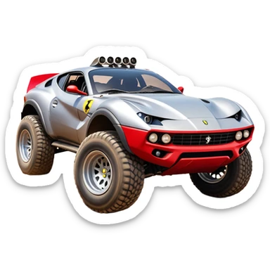 Satan’s evil Ferrari-colored Dirty and dented Local Motors Rally Fighter off road race car hot rod meets Toyota 86 trophy truck-style basher flying on a dusty road (silver wheels) sticker