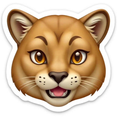 Cinematic Comical Cougar Portrait Emoji, Head tilted dramatically with an exaggeratedly amused expression, featuring a striking tawny Fur with bold dark accents and wide, expressive amber eyes filled with playful disbelief, Simplified yet hilariously expressive features, highly detailed, glowing with a slightly sassy glow, high shine, dramatic yet playful, stylized with an air of cheeky wilderness mischief, bright and endearing, soft glowing outline, capturing the essence of a spirited and over-the-top cougar, so meme-worthy it feels like it could pounce its way into internet fame instantly! sticker