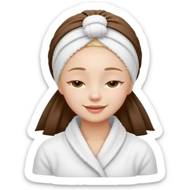 cute girl with her eyes closed and smiling, wearing a white spa towel as her clothes in she has a white spa towel on her head, white face skincare sticker