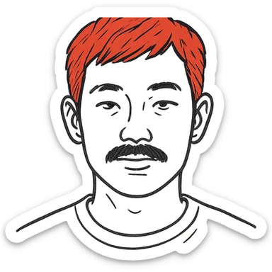 Asian man with black mustache and red hair, hand-drawn outlined style sticker