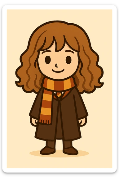 Full body illustration of Hermione Granger in a cute, cartoon, simplified style similar to the previous image. Light brown hair, striped scarf, Hogwarts robe, friendly expression, bold black lines, and soft colors. sticker