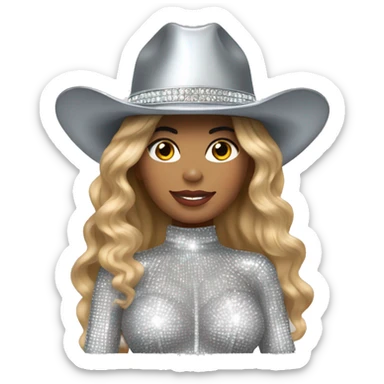 beyoncé in a silver crystal outfit wearing a silver crystal cowboy hat sticker