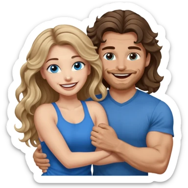 Women with blue eyes and very long, brown blond balayage curled hair in the arms of a man with strong arms a straight face, a very sexy man blue eyes. They are laughing at each other. He has dark brown hair: A fade haircut down to skin and is light skinned  sticker