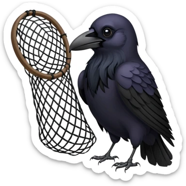 A raven getting caught by a handheld net sticker